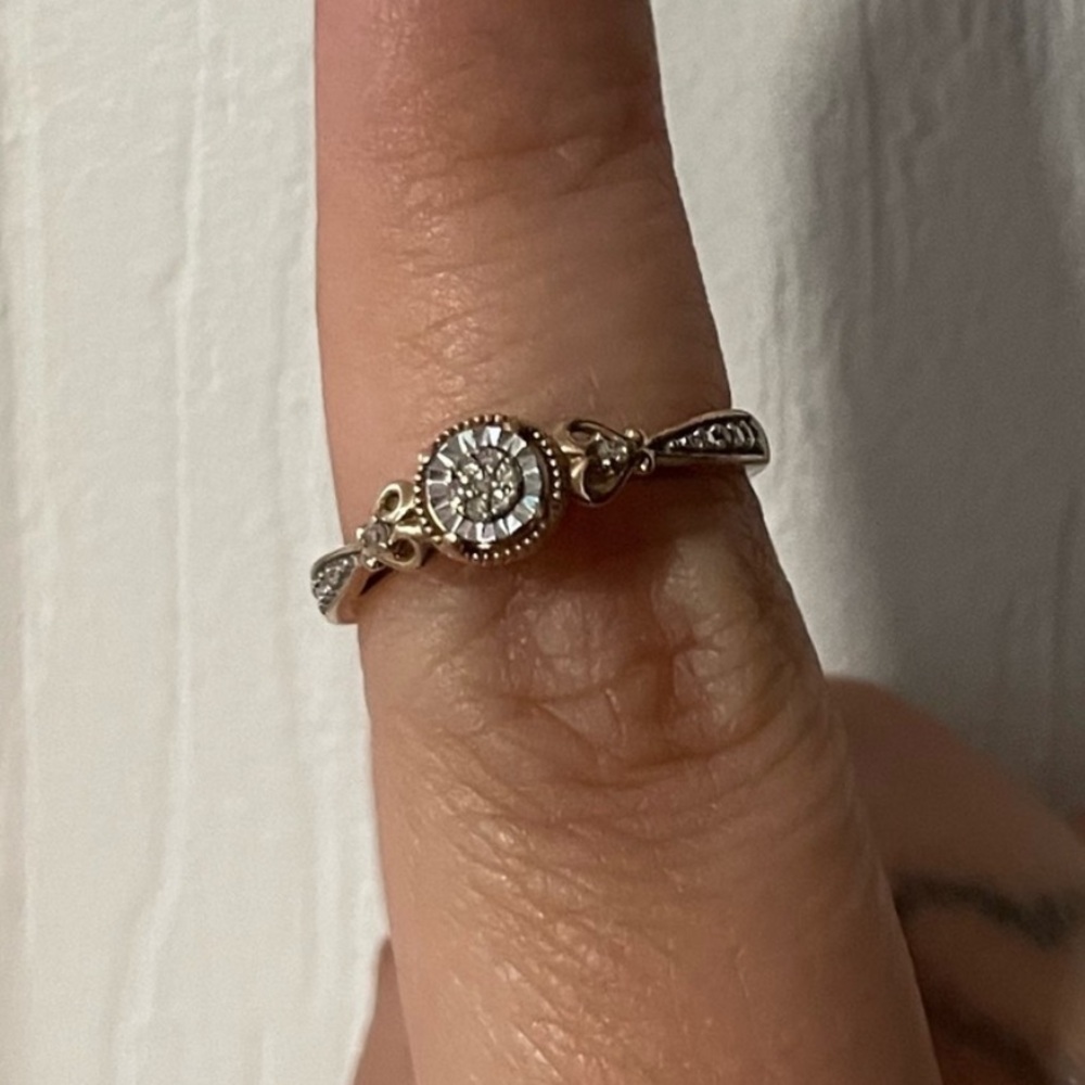 10K Gold two multi tone diamond engagement promise wedding ring hearts 10kt 10k